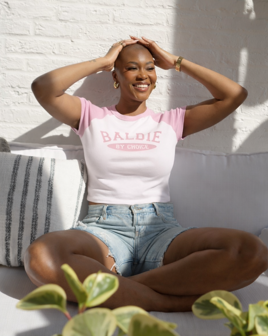 Pink/Black Baldie By Choice Baby Tee